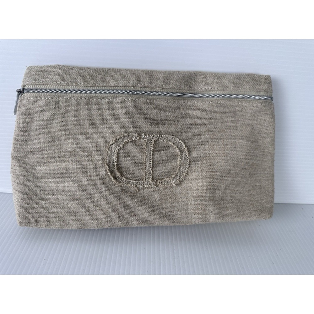 Authentic Christian Dior Linen Logo Cosmetic Makeup Pouch Bag